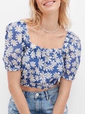 American Eagle Puff Sleeve Bubble Top Extra Small XS Blue Floral Daisy Cropped